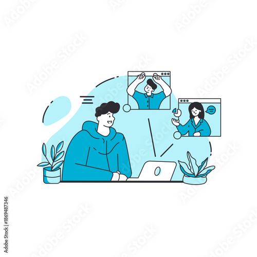 Team meeting and online collaboration using video conference in flat illustration style