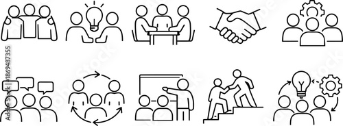 Teamwork and leadership icons set. Collaboration, partnership, business growth and people management outline symbols