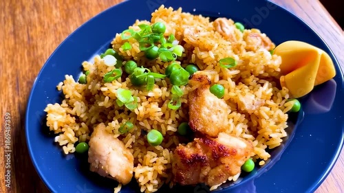 Delicious chicken fried rice with green peas and scallions on a blue plate, ready to eat