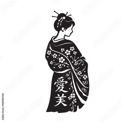 Elegant black silhouette of a Japanese geisha in traditional kimono with floral details. Minimal high-contrast oriental artwork suitable for posters, tattoos, and cultural design.