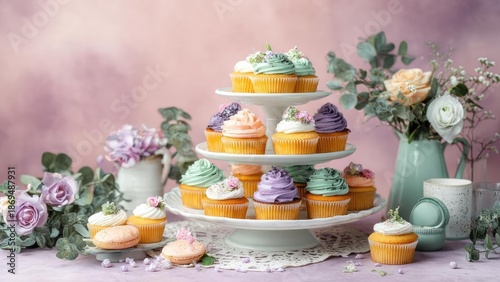 Wallpaper Mural Pastel cupcakes with swirled frosting on a three-tier white stand, surrounded by spring flowers and macarons. Concept Pastel cupcakes on a white three-tier stand, Swirled frosting on cupcakes Torontodigital.ca