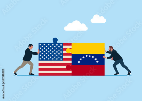 Bilateral political relations. Oil industry, energy resources, economic. Businessmen connect Venezuela and USA flags. Flat vector illustration.