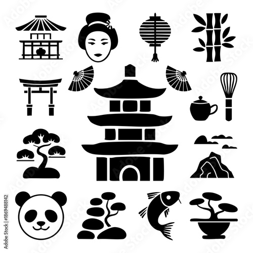 Japanese tea ceremony and geisha silhouette icon set, Traditional Zen garden and oriental culture vector collection, Minimalist Asian symbols for wellness and travel branding