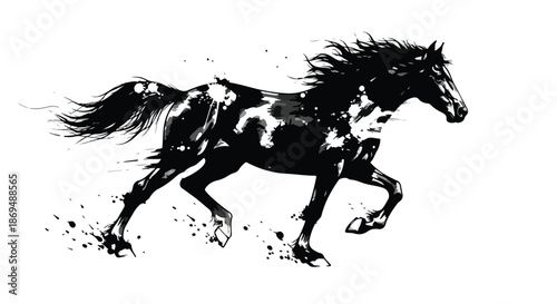 A black horse with a flowing mane and tail runs freely Vector Art