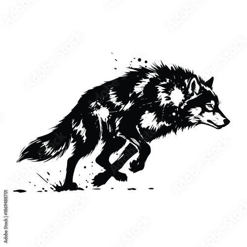 A black and white Vector illustration of a wolf in motion