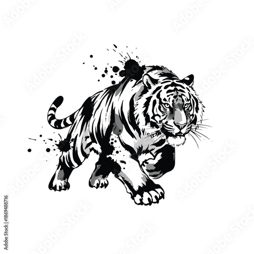 A black and white vector illustration of a tiger in motion