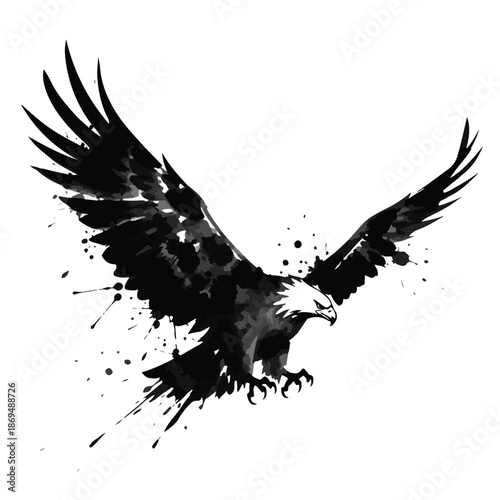 A black and white  vector illustration of an eagle in flight