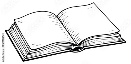 Hand drawn line art illustration of an open book depicting empty pages for education and storytelling