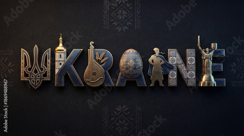 High quality 3D metal typographic image of the word Ukraine on a dark textured background that complements the identity of Ukraine