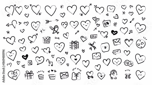 Romantic hand-drawn doodle animation featuring expressive hearts, messages and sweet symbols, alpha channel on transparent background.