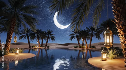 Serene Desert Oasis at Night - A Tranquil Ramadan Scene.