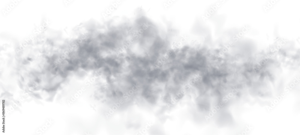 Fototapeta premium Soft white clouds and gray smoke plumes on a white background. Atmospheric phenomena such as mist, fog, and steam included. High-resolution cutout smoke and cloud vector PNG.