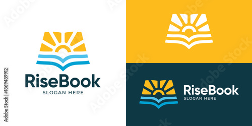 Creative simple rise book logo template. Open book with sun rise logo design vector illustration.