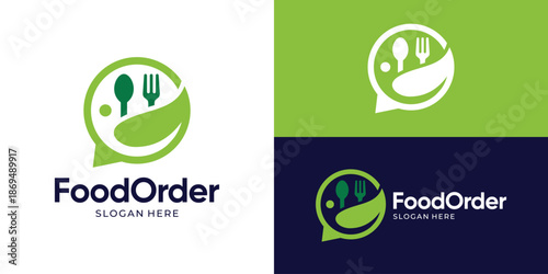 Creative simple food order logo template. Fork spoon leaf with bubble chat symbol for online food logo design vector illustration.
