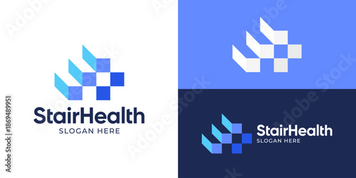 Creative simple stair health logo template. Abstract plus with staircase logo design vector illustration.