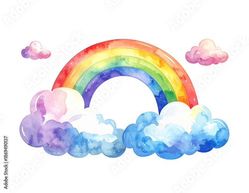 虹と白い雲の水彩イラスト