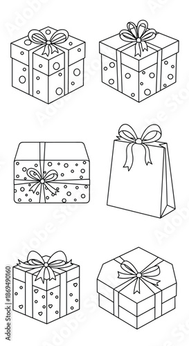 Collection of six black and white line art gift boxes with various ribbons and patterns for coloring or design projects.