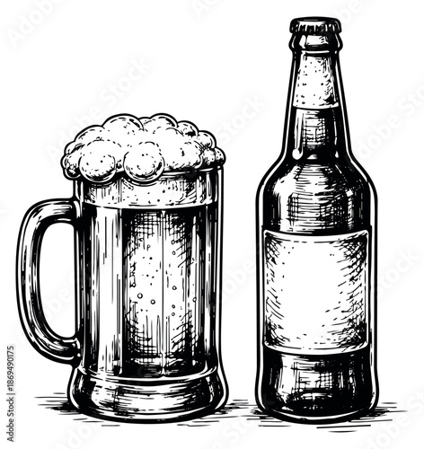 Hand drawn beer illustration set featuring a mug of foamy beer and a bottle for pubs and breweries