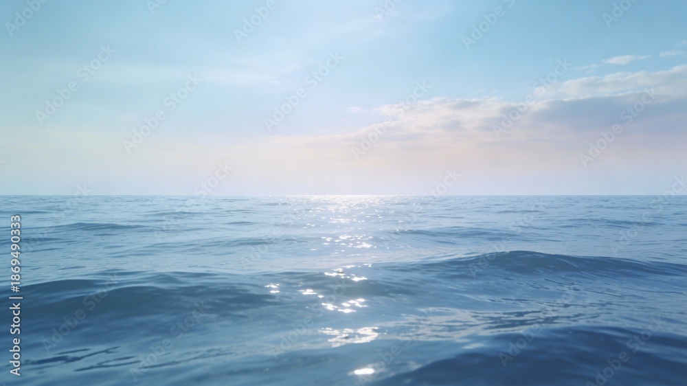 Fototapeta premium Calm Ocean Surface with Soft Sunlight Reflection, Peaceful Seascape Background