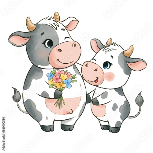 A funny cartoon cow smiling with its cute calf on a grassy farm illustration