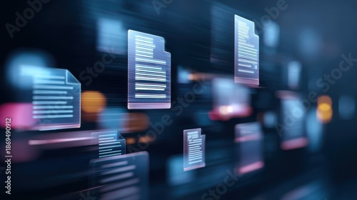 Futuristic digital document management system with glowing virtual file icons in a dark blue technological data storage environment