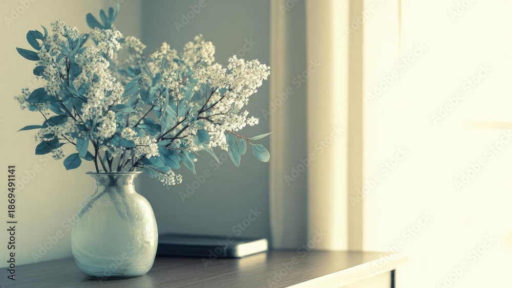 Fototapeta premium Vase of white baby's breath on a wooden table by a sunlit window Concept Soft natural light, White baby's breath bouquet, Rustic wooden table, Sunlit window ambiance, Minimalist still-life decor