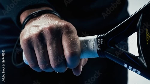 Intense close up of a players hand gripping a padel racket.