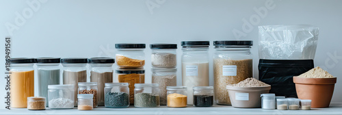 Wide Fertilizer Strip with Clear Pots and Bags Featuring Labeled Granules on Transparent Background