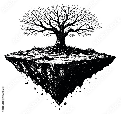 Hand drawn illustration of a bare tree on a floating island depicting solitude and natural strength for environmental and fantasy concepts