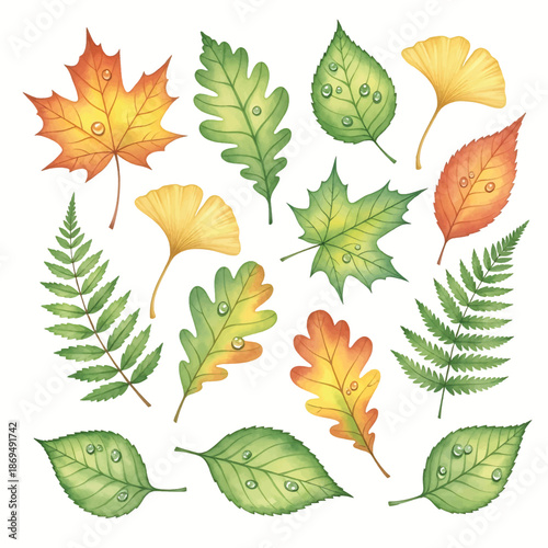 A vector illustration set of colorful autumn leaves from maple, oak, birch, and chestnut trees