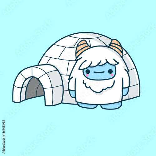 Yeti Standing in Front of an Igloo House Vector Illustration