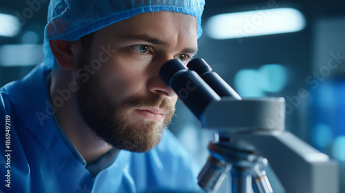 Faceless biotechnology scientist looking through microscope analyzing genetical material, medicine biotechnology researcher in advanced pharma lab examining virus evolution, defocused