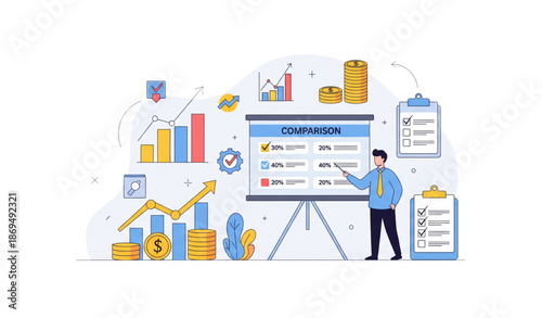 Operational benchmarking and business testing concept with manager and comparison metrics flat doodle vector set isolated on transparent background