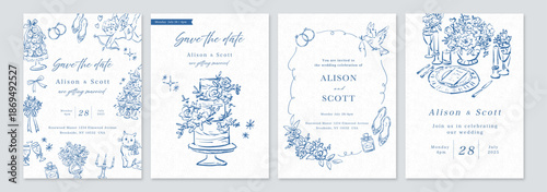Wedding invitation card set featuring whimsical, doodle-style line art. Vector file.