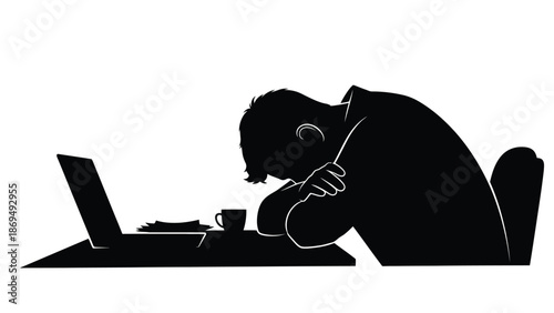 Silhouette of exhausted office worker slumped over a desk with a laptop and coffee cup