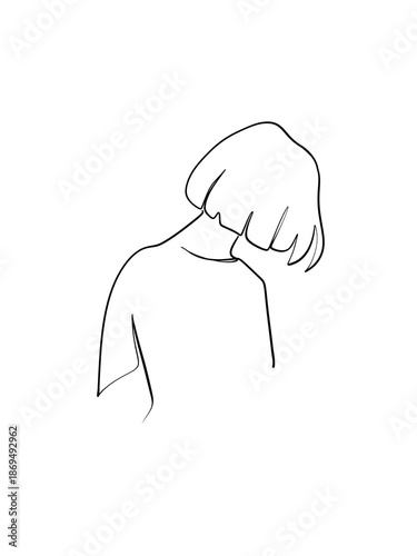 A girl in short hair  is drawn in one line style. Body expression. Printable art.	