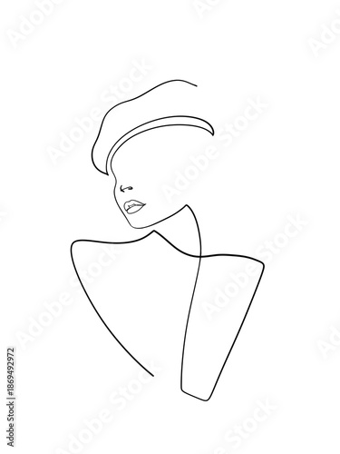A woman wearing cap is drawn in one line style. Body and face expression. Printable art.	