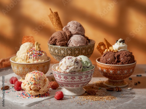 Multiple bowls of assorted ice cream scoops garnished with whipped cream and waffle pieces. A festive and colourful dessert display in a warm, inviting setting.
