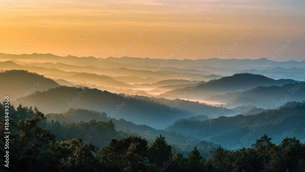 Fototapeta premium Layered mountains bathed in sunrise glow, with misty valleys and a warm orange sky. Concept Layered mountains at sunrise, Misty valleys in dawn light, Warm orange sky and golden hour