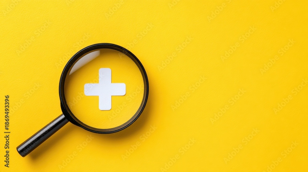 Fototapeta premium Magnifying glass with a white plus sign on a solid yellow background
