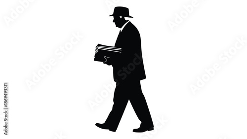 Silhouette of a man in a hat and suit carrying a large stack of papers walking forward