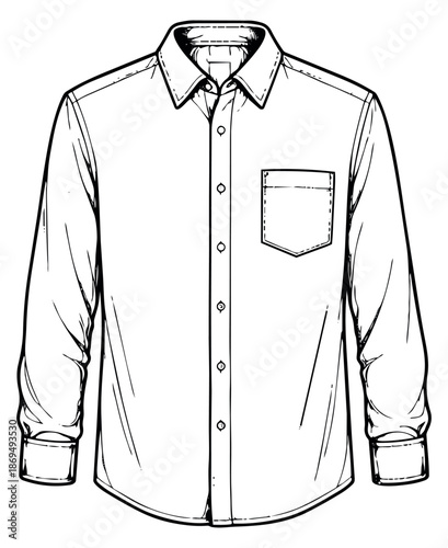 Hand drawn line art illustration of a men's collared shirt depicting its features for clothing design
