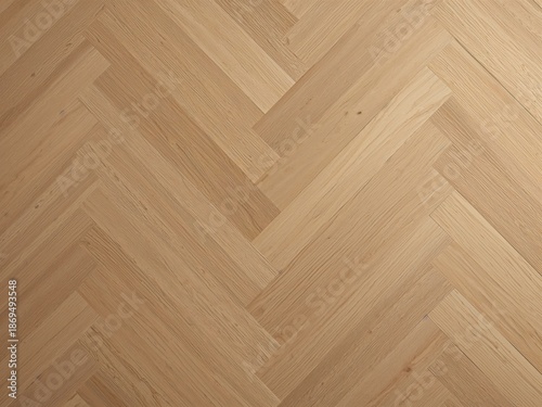 A natural oak wood floor features a classic herringbone pattern. The light brown planks showcase subtle grain variations, providing a timeless, elegant background.