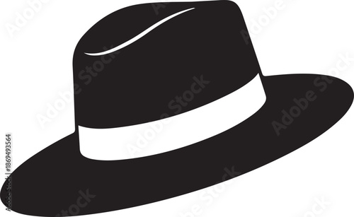 Black fedora hat with white band isolated on white background minimalist