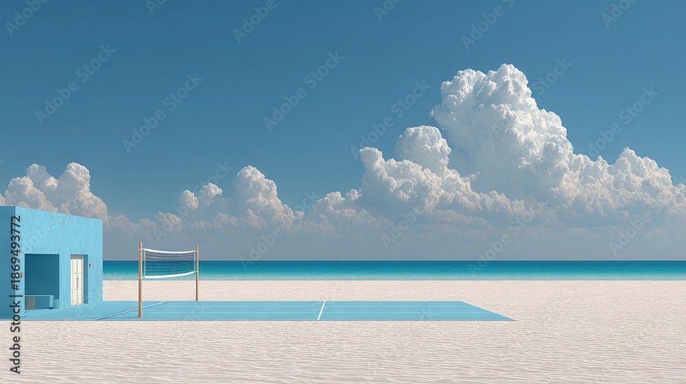 Obraz premium Vibrant blue volleyball court, building, white sand beach, ocean, clouds. Use for travel ads, summer getaways, sports, or peaceful resort brochures.