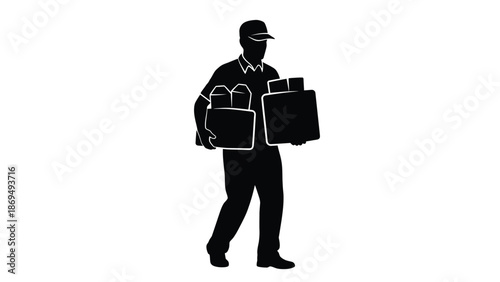 Silhouette of a delivery worker wearing a cap carrying multiple packages and boxes for shipment