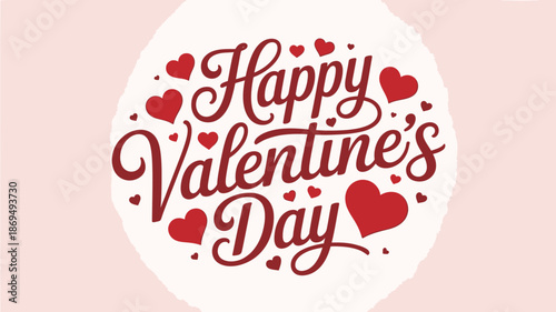 A festive Happy Valentine's Day message with red hearts on pink background