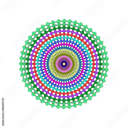 Colorful circular mandala with spiky geometric layers in pink blue and orange for bohemian style decor