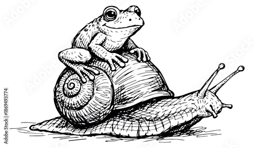 Hand drawn line art illustration of a frog and a snail depicting a frog on a snail's back for nature or whimsical designs