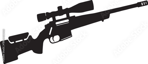 Black silhouette of a sniper rifle with a scope and muzzle brake on a white background